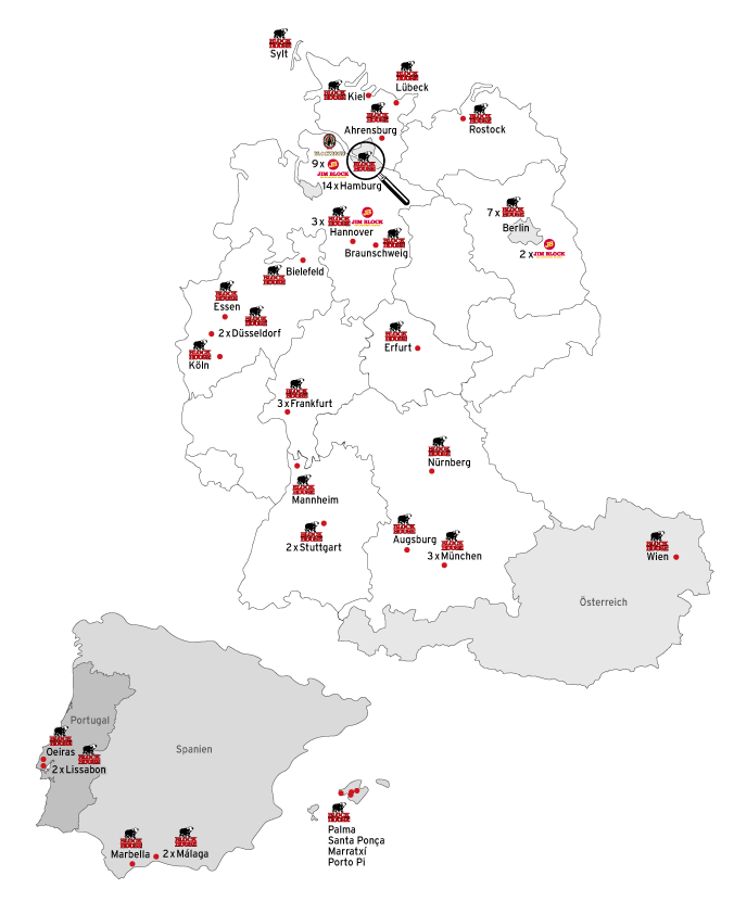 Deutschlandkarte mit Standorten des BLOCKBRÄU, Jim Block und BLOCK HOUSEStandortkarte