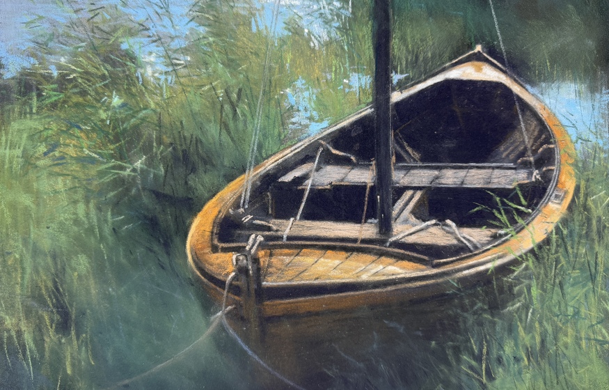 Stefan Hintermeier, Boot-im-Schilf_, Pastell, 40x30 cm, 2023 