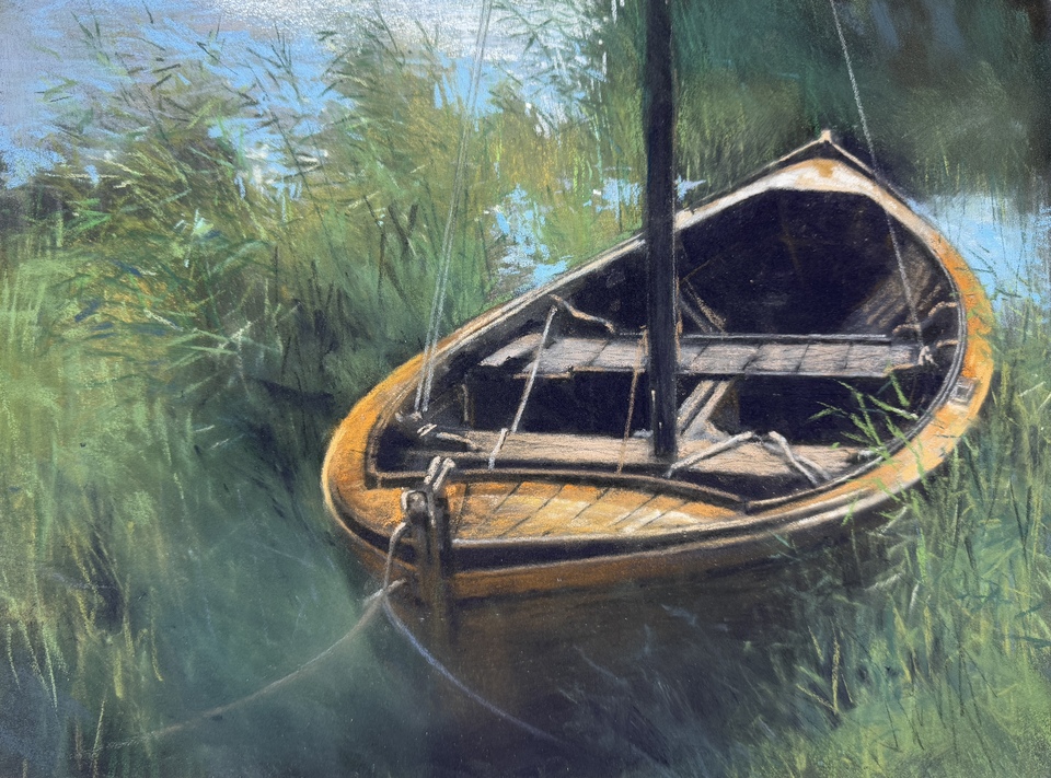 Stefan Hintermeier, Boot-im-Schilf_, Pastell, 40x30 cm, 2023 