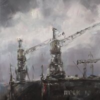 Frauke Gloyer, „Kräne auf Dock 10“, Öl auf Leinwand