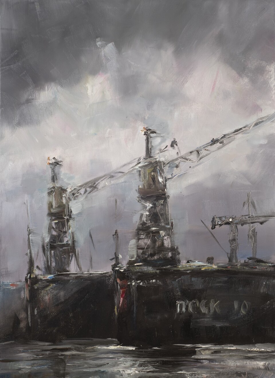 Frauke Gloyer, „Kräne auf Dock 10“, Öl auf Leinwand