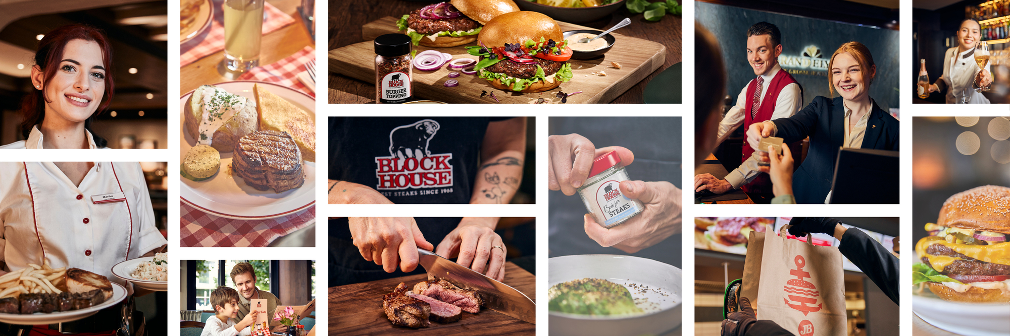 Bildercollage: Servicemitarbeiterin mit zwei Tellern lächelt. Steak mit gebackener Kartoffel auf kariertem Tischtuch. Zwei Burger mit Salat, Zwiebeln und Sauce auf Holzbrett. Person trägt schwarzes Block House Shirt. Hände schneiden ein medium-gebratenes Steak. Hand hält Gewürzdose „Best for Steaks“. Rezeptionistin nimmt Zahlung entgegen, Mitarbeiter daneben. Kellnerin schenkt Champagner ein und lächelt. Mann und Kind am Tisch, Junge hält Kinderkarte. Cremige Speise in Schüssel mit Kräutern garniert. Burger mit Käse, Gurken und roten Zwiebeln. Hand reicht Papiertüte mit Burger-Logo über Theke.
