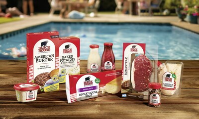 Block House Grillkampagne 2025: Burger, Steaks, Saucen und Beilagen vor sommerlicher Poolkulisse.